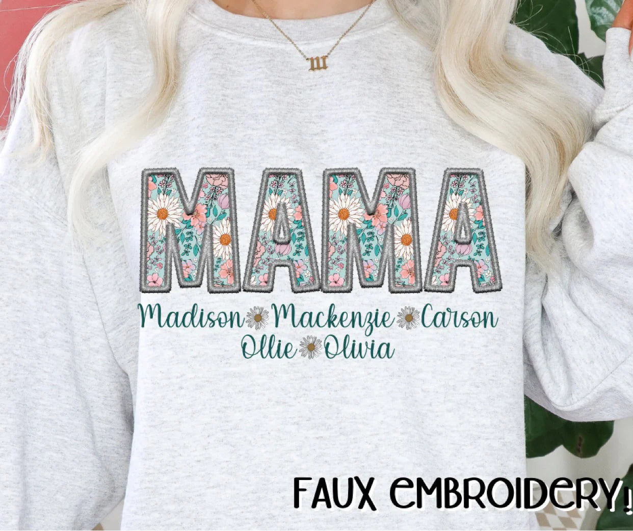 Faux Embroidery Mama, Aunt, Grandma, Etc. with Kids names Completed Tee