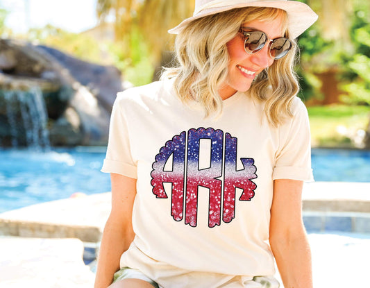 Red, White & Blue Glitter Monogram Youth Shirt