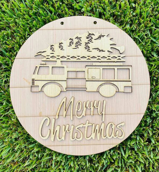 DIY/ Merry Christmas Fire Engine door hanger/Laser Cut/ Blank for Paint Parties