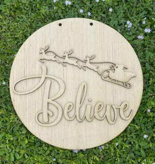 Christmas Believe with Reindeer/ Front Door Hanger / DIY Blank for Paint Parties / Laser Cut