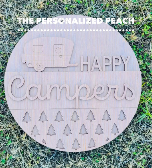 Happy Camper laser cut wood sign/ wholesale wood round/ DIY Doorhanger blank