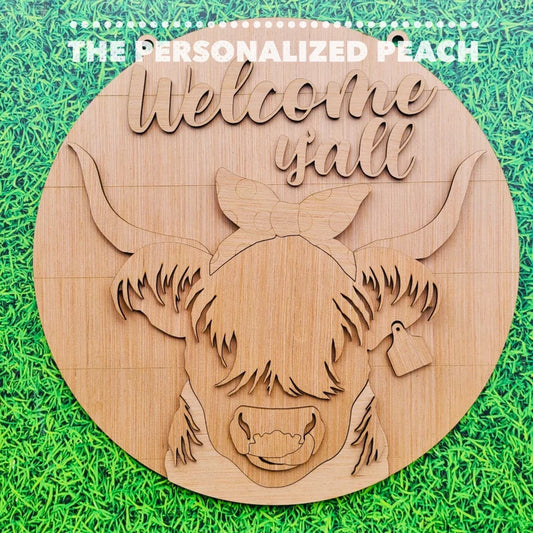 Highland cow welcome laser cut wood door hanger round/DIY Doorhanger wood round template