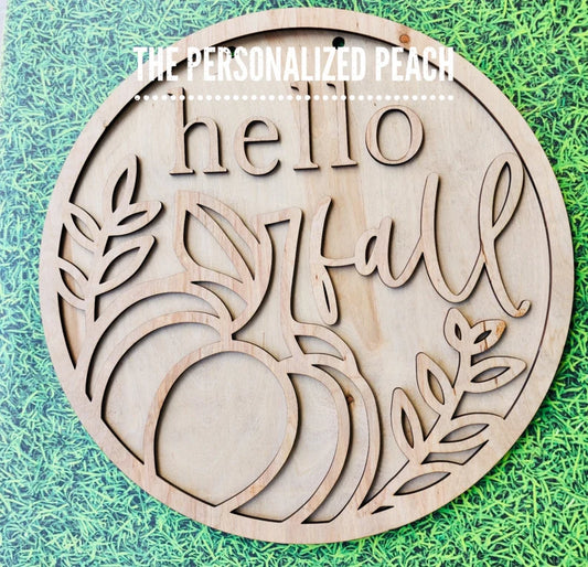 Hello Fall laser cut door hanger blank/ pumpkin spice leaves Doorhanger