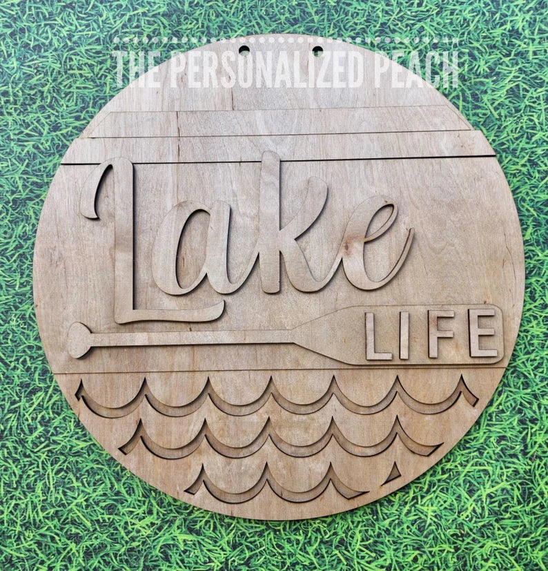 Lake life wood round door hanger blank/ laser cut doorhanger summer wood shape cutout