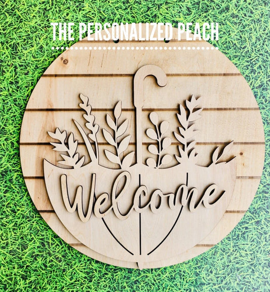 Welcome Spring Flowers Umbrella 3D laser cut wood door hanger blank/ Doorhanger wood round shiplap