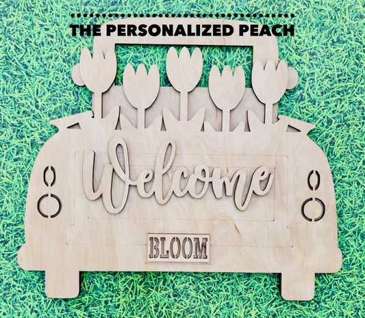 Welcome Spring truck with flowers Doorhanger/ laser cut Door hanger Bloom/ Mothers Day